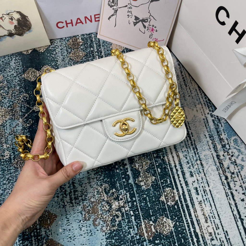 Chanel AS2693 Small Flap Bag Calfskin Gold White