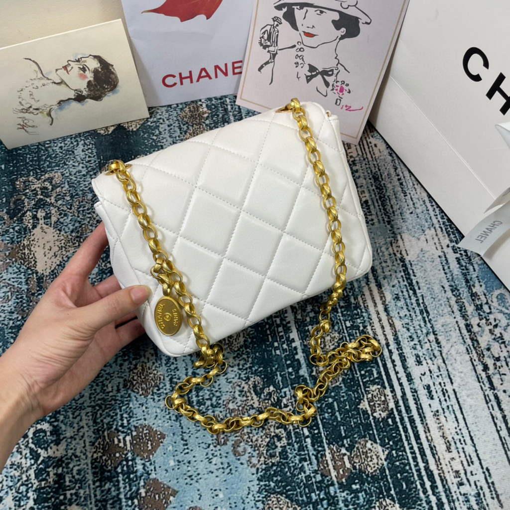 Chanel AS2693 Small Flap Bag Calfskin Gold White