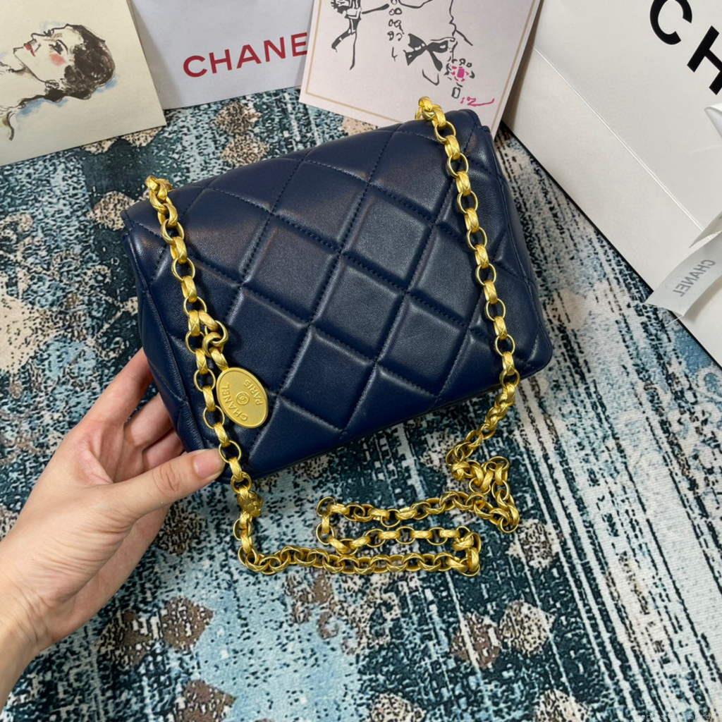 Chanel AS2693 Small Flap Bag Calfskin Gold Navy Blue