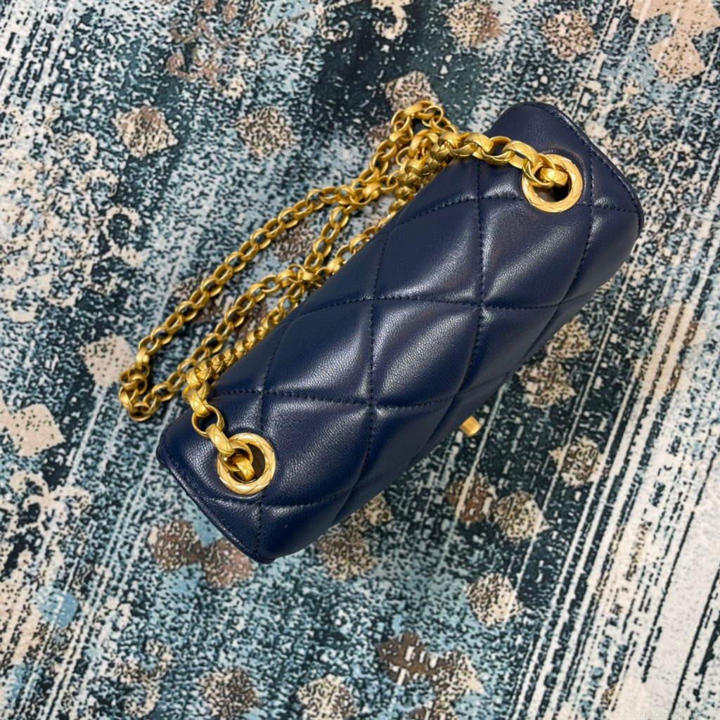 Chanel AS2693 Small Flap Bag Calfskin Gold Navy Blue