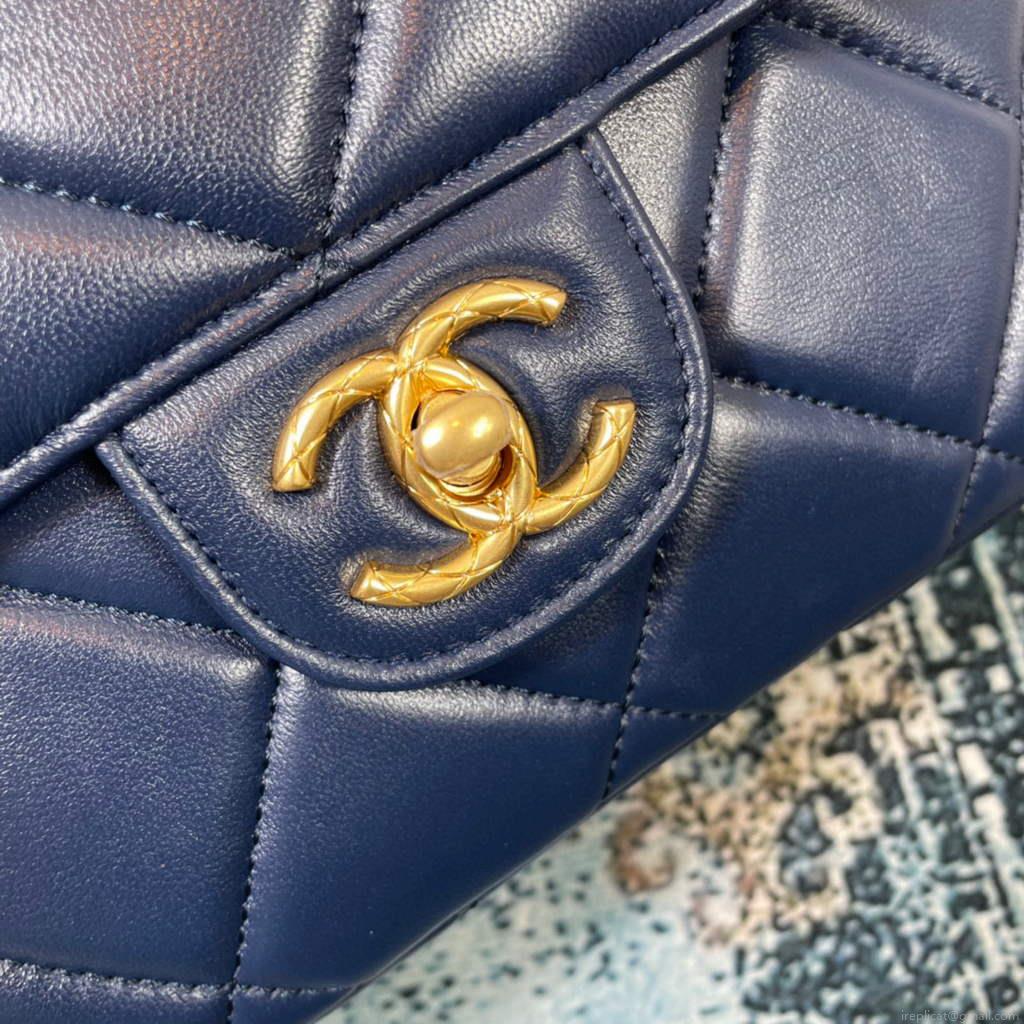 Chanel AS2693 Small Flap Bag Calfskin Gold Navy Blue