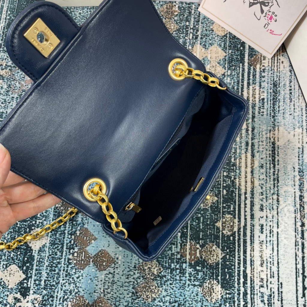 Chanel AS2693 Small Flap Bag Calfskin Gold Navy Blue
