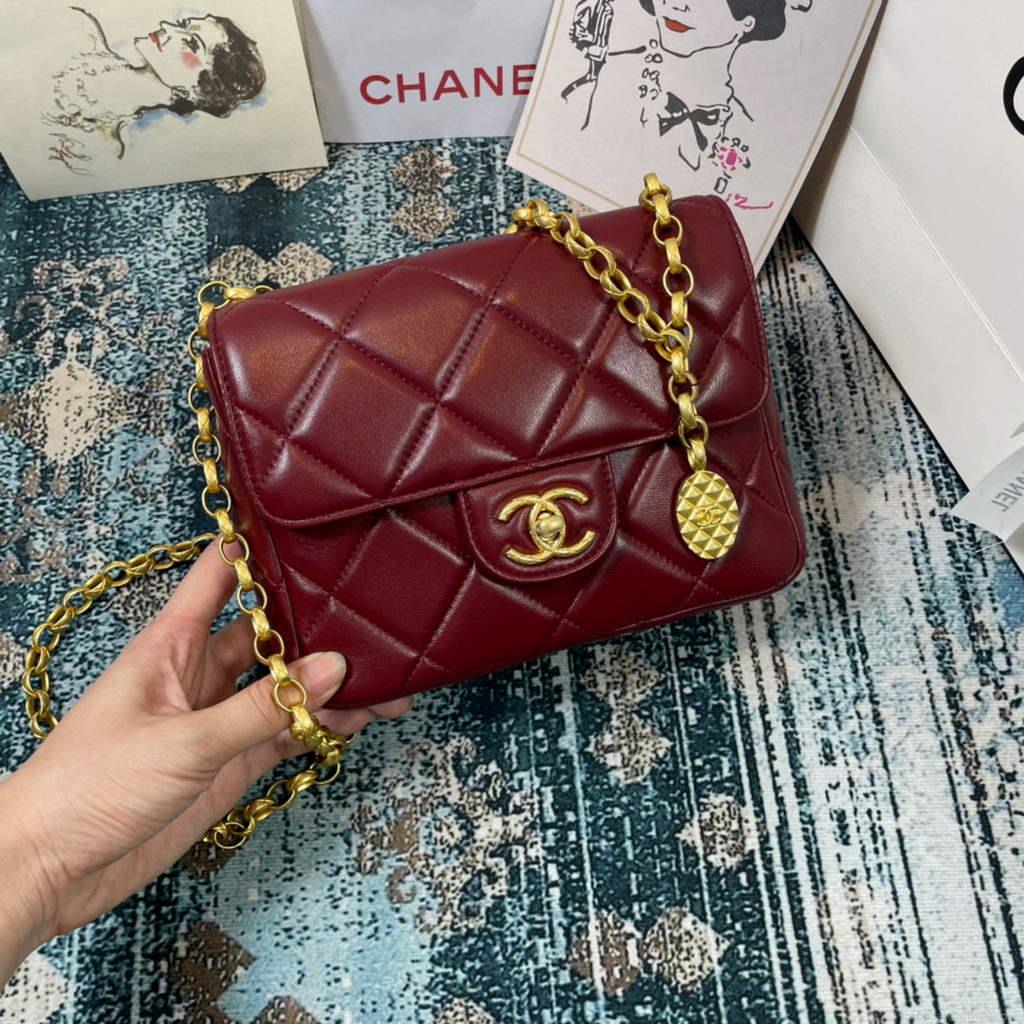 Chanel AS2693 Small Flap Bag Calfskin Gold Wine Red