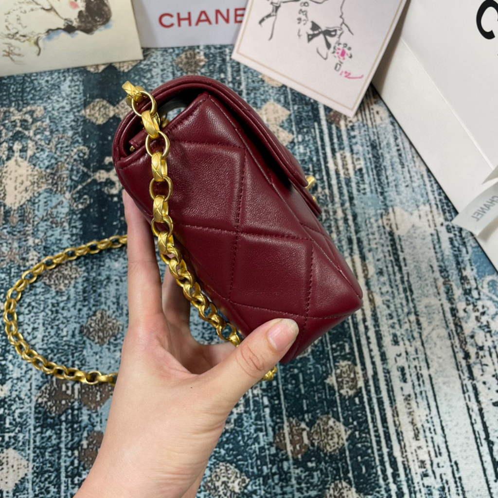 Chanel AS2693 Small Flap Bag Calfskin Gold Wine Red