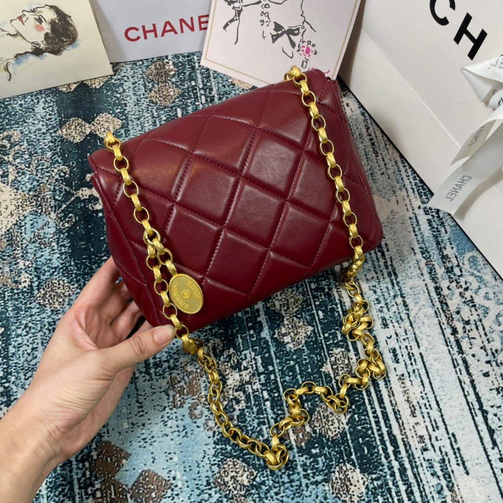 Chanel AS2693 Small Flap Bag Calfskin Gold Wine Red