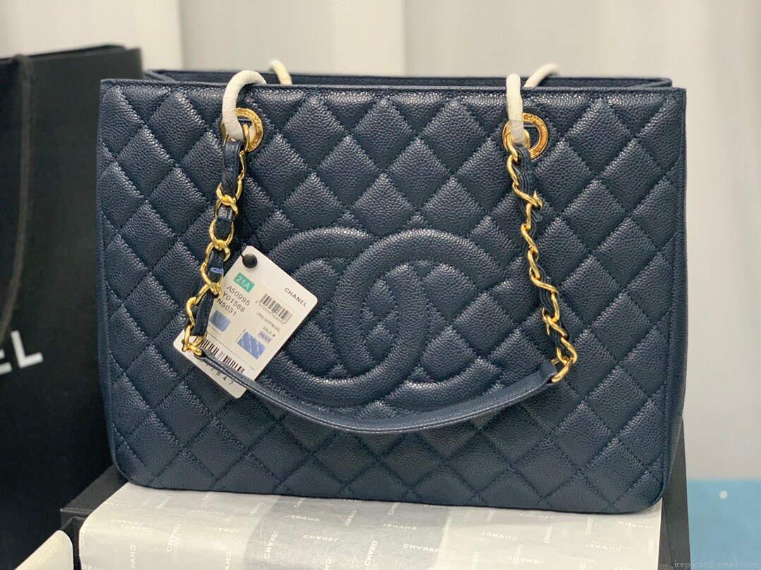 Chanel A50995 Matelasse GST Chain Tote bag caviar Calfskin leather Navy Blue Gold