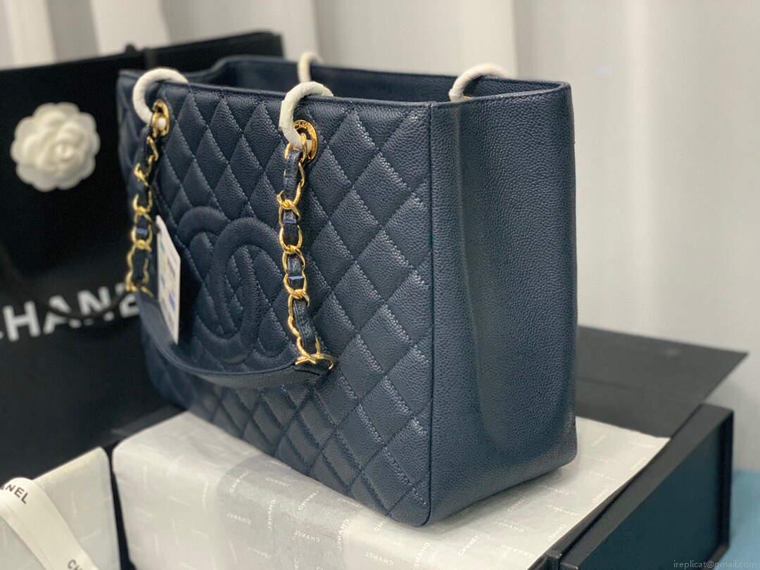 Chanel A50995 Matelasse GST Chain Tote bag caviar Calfskin leather Navy Blue Gold