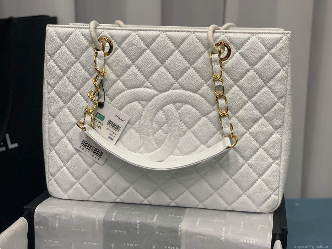 Chanel A50995 Matelasse GST Chain Tote bag caviar Calfskin leather White Gold