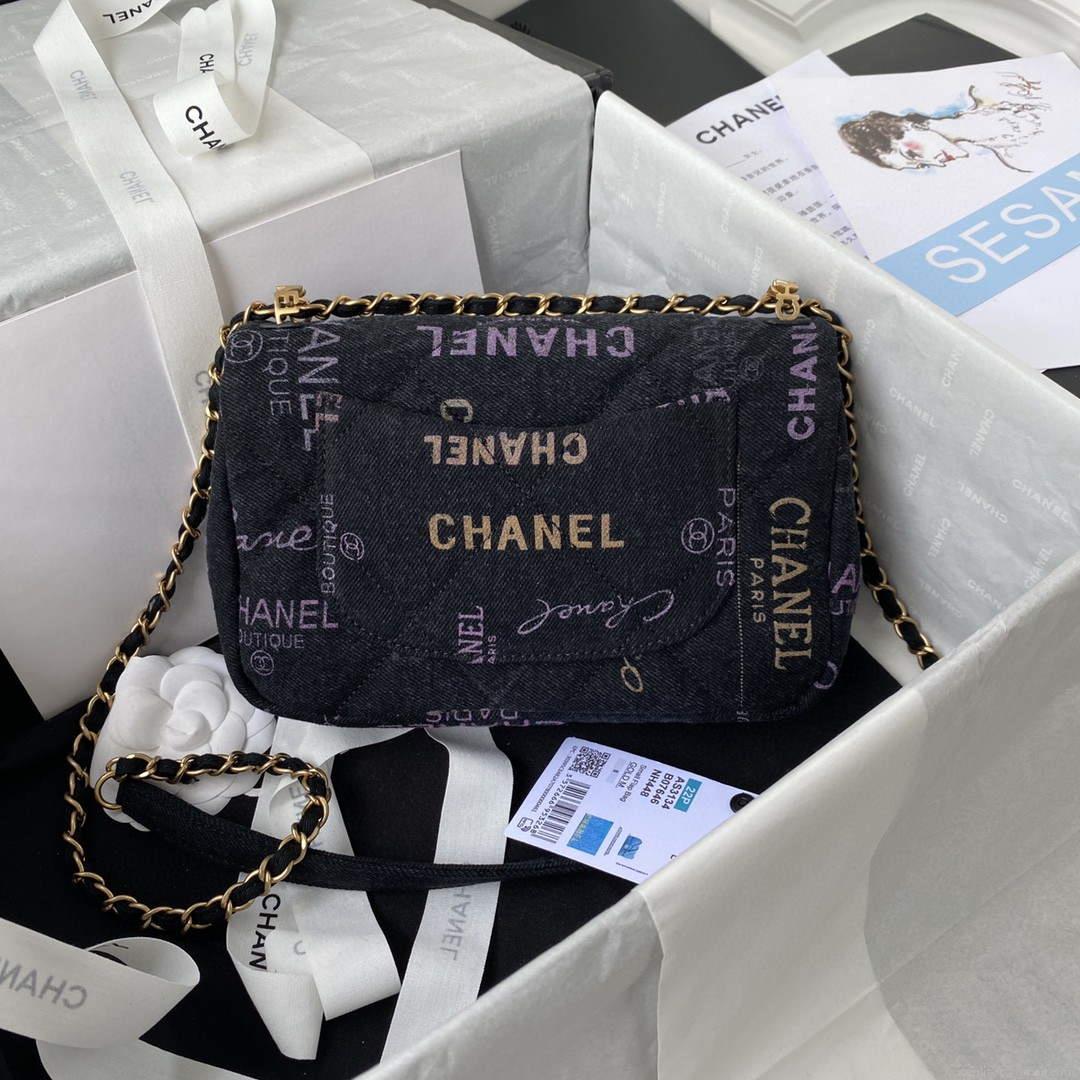 Chanel AS3134 Small Flap Bag Printed Denim Black