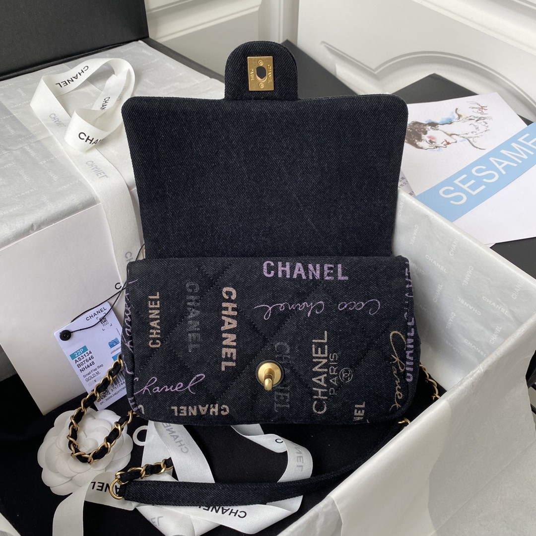 Chanel AS3134 Small Flap Bag Printed Denim Black