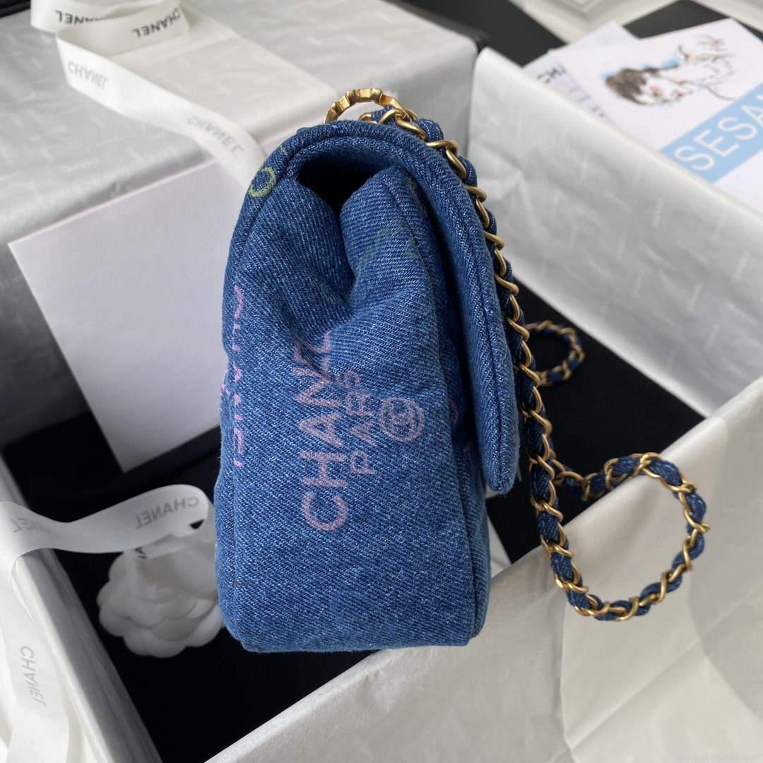 Chanel AS3135 Large Flap Bag Printed Denim Blue