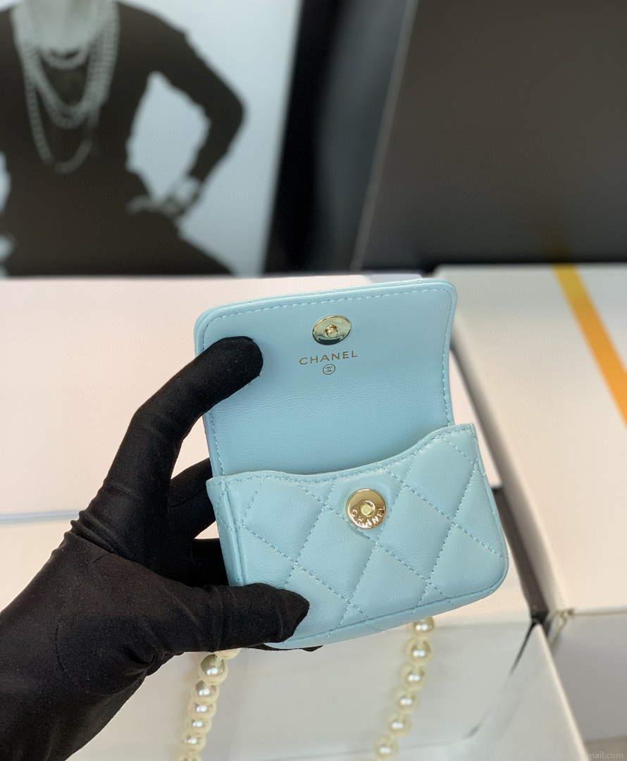 Chanel AP2654 Belt bag lambskin Imitation Pearls gold Light Blue