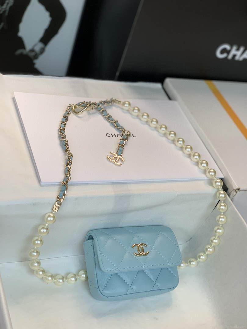 Chanel AP2654 Belt bag lambskin Imitation Pearls gold Light Blue