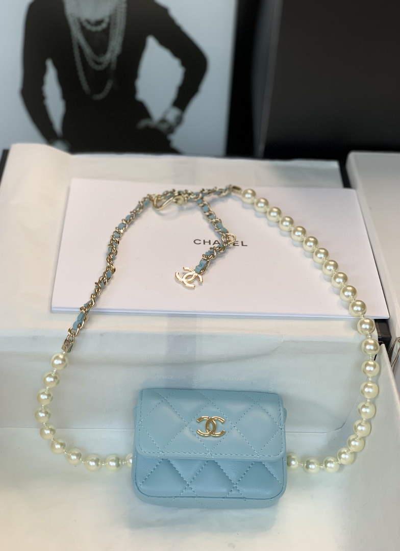 Chanel AP2654 Belt bag lambskin Imitation Pearls gold Light Blue