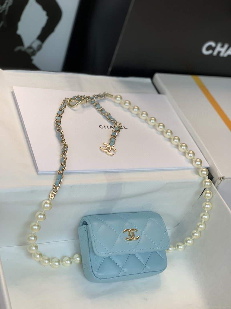 Chanel AP2654 Belt bag lambskin Imitation Pearls gold Light Blue