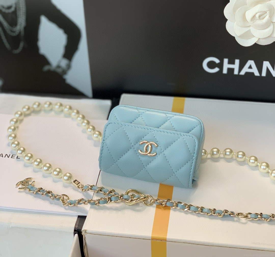 Chanel AP2654 Belt bag lambskin Imitation Pearls gold Light Blue