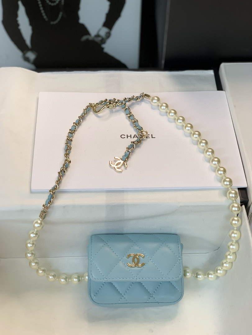 Chanel AP2654 Belt bag lambskin Imitation Pearls gold Light Blue
