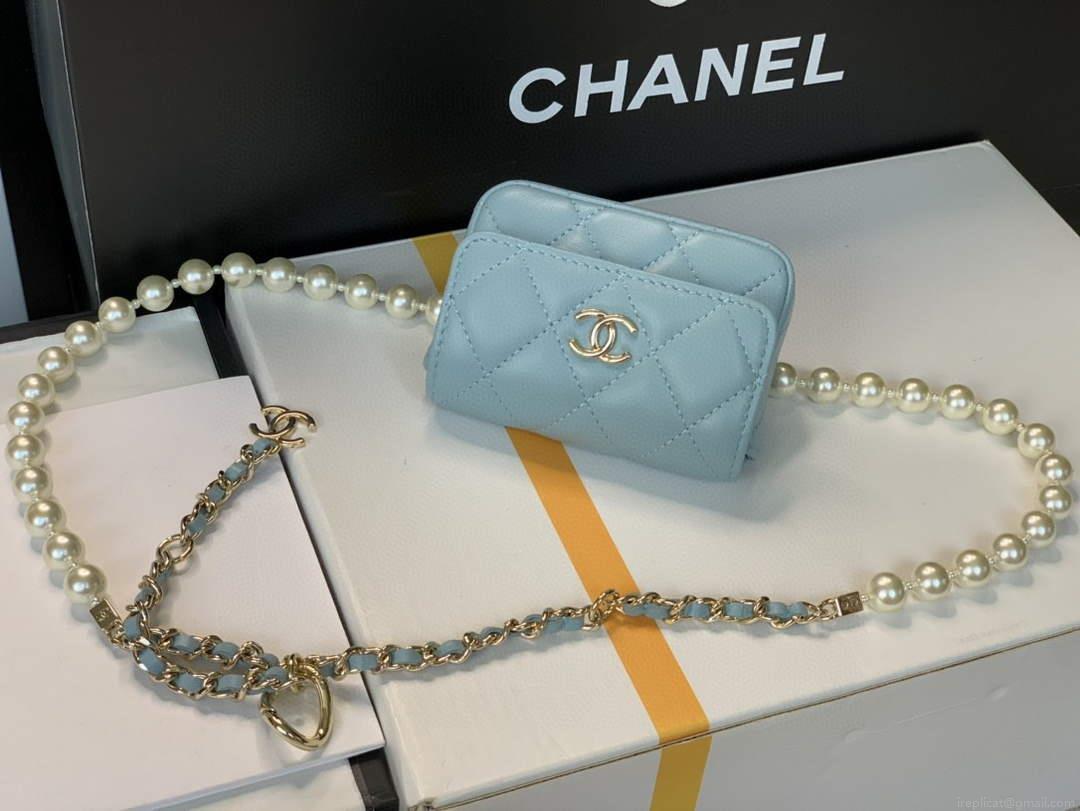Chanel AP2654 Belt bag lambskin Imitation Pearls gold Light Blue