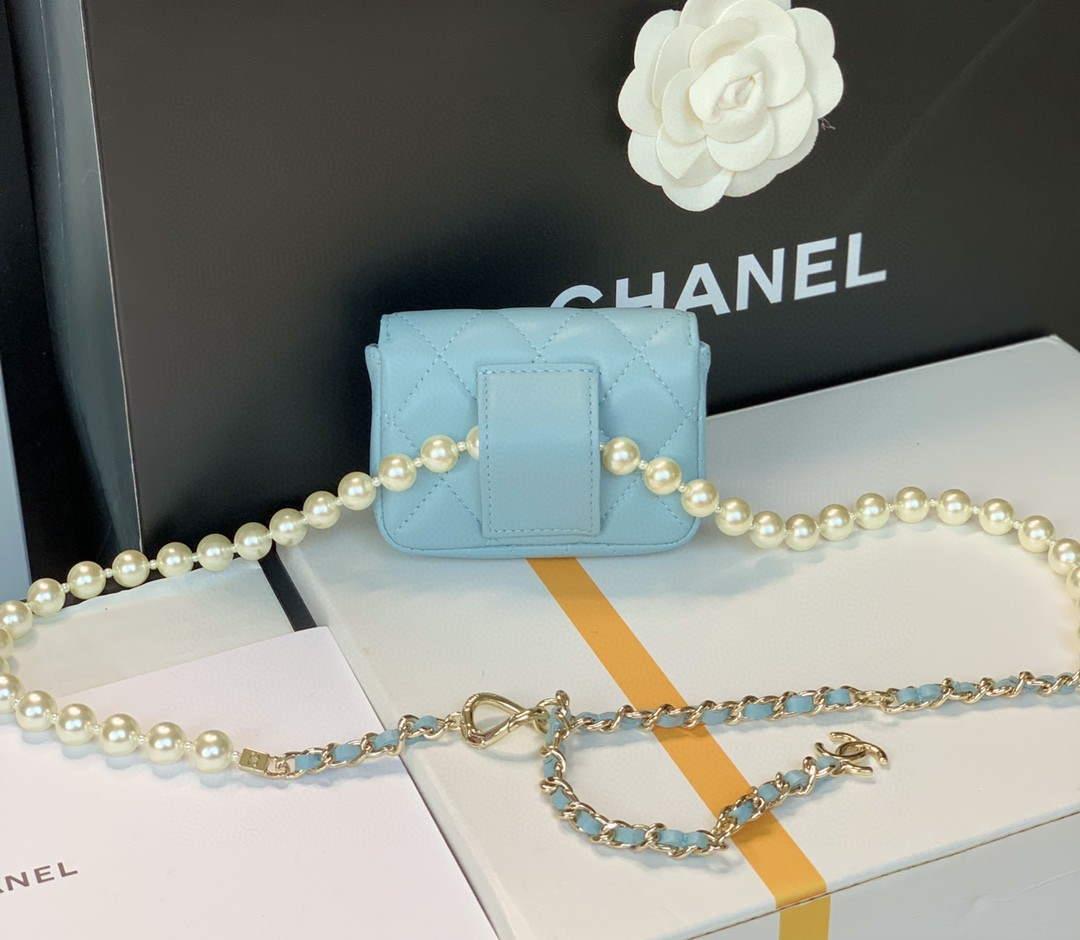 Chanel AP2654 Belt bag lambskin Imitation Pearls gold Light Blue