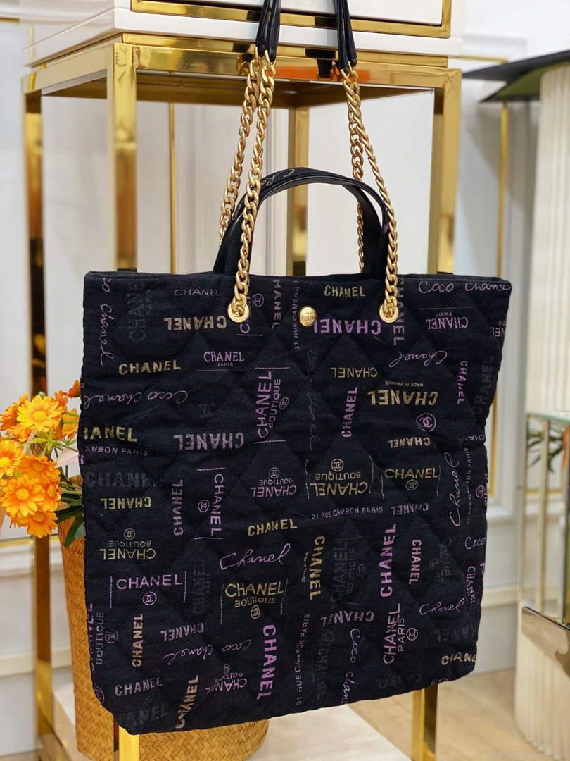 Chanel AS3128 Maxi Shopping Bag Printed Denim Black