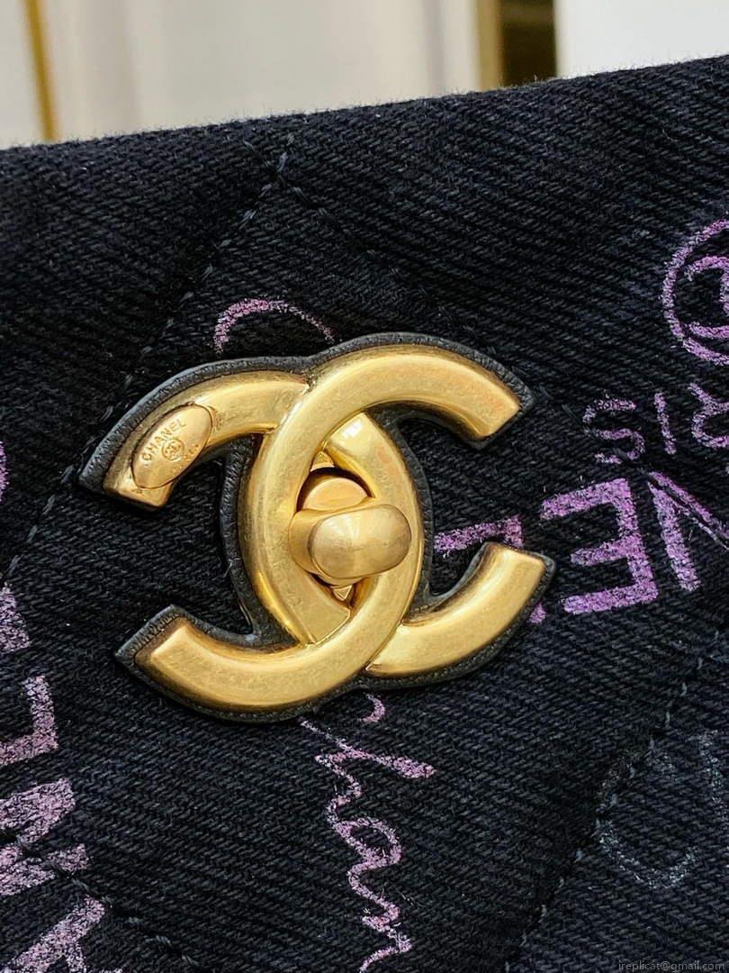 Chanel AS3128 Maxi Shopping Bag Printed Denim Black