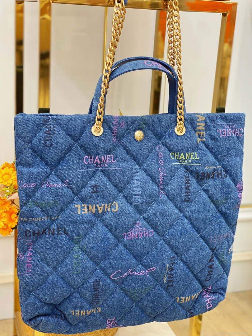 Chanel AS3128 Maxi Shopping Bag Printed Denim Blue