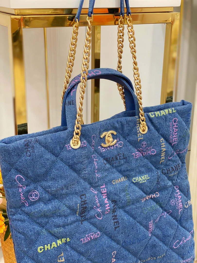 Chanel AS3128 Maxi Shopping Bag Printed Denim Blue