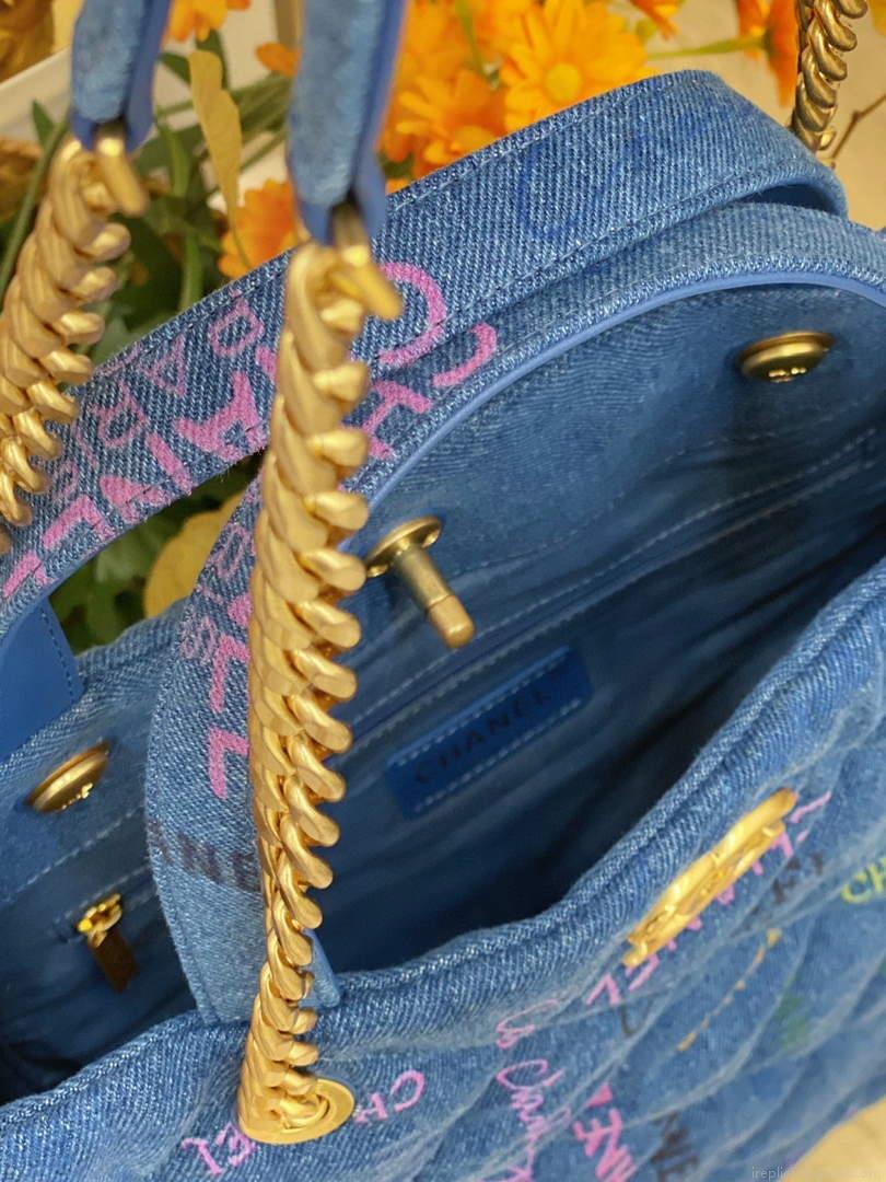 Chanel AS3128 Maxi Shopping Bag Printed Denim Blue