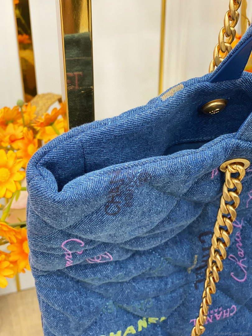 Chanel AS3128 Maxi Shopping Bag Printed Denim Blue
