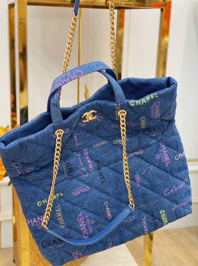 Chanel AS3128 Maxi Shopping Bag Printed Denim Blue