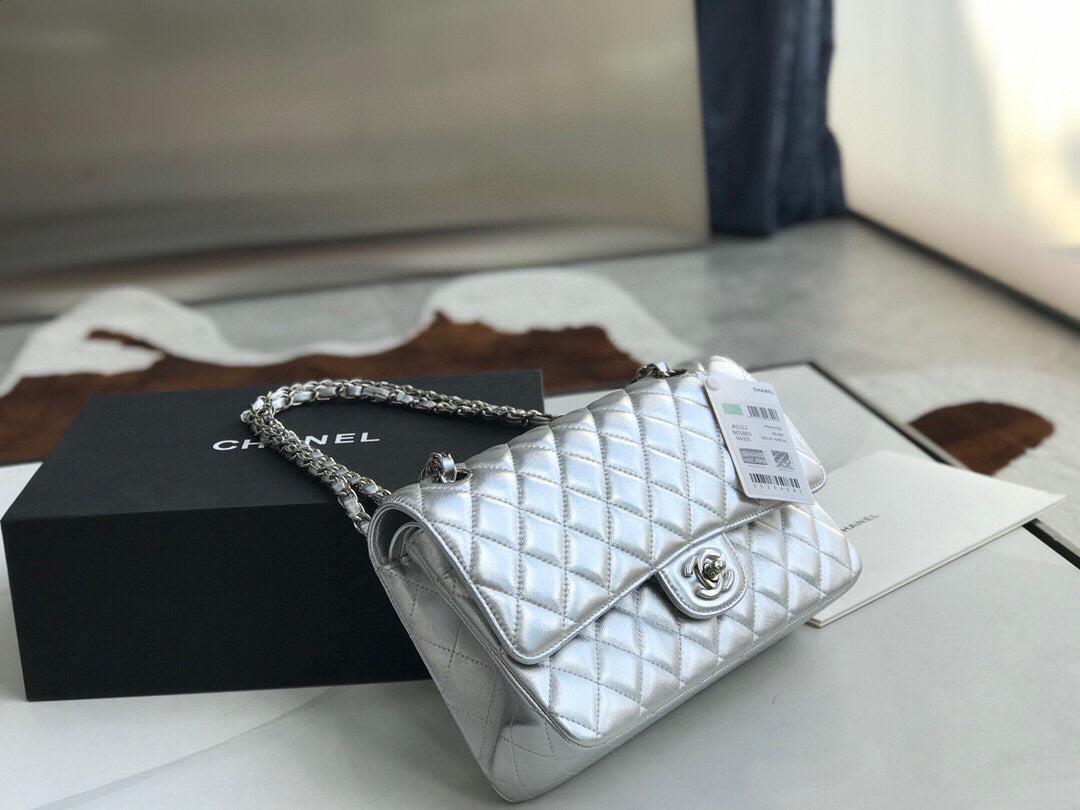 Chanel A01112 Flap Handbag Classic Bag Lambskin Silver