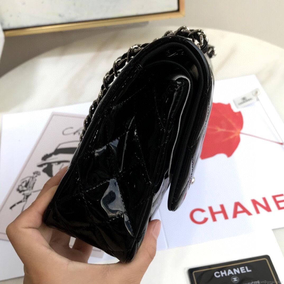 Chanel A01112 Flap Handbag Classic Bag Patent leather Lambskin Black Silvery
