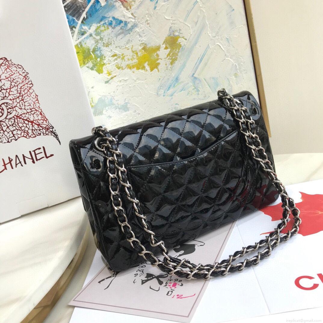 Chanel A01112 Flap Handbag Classic Bag Patent leather Lambskin Black Silvery