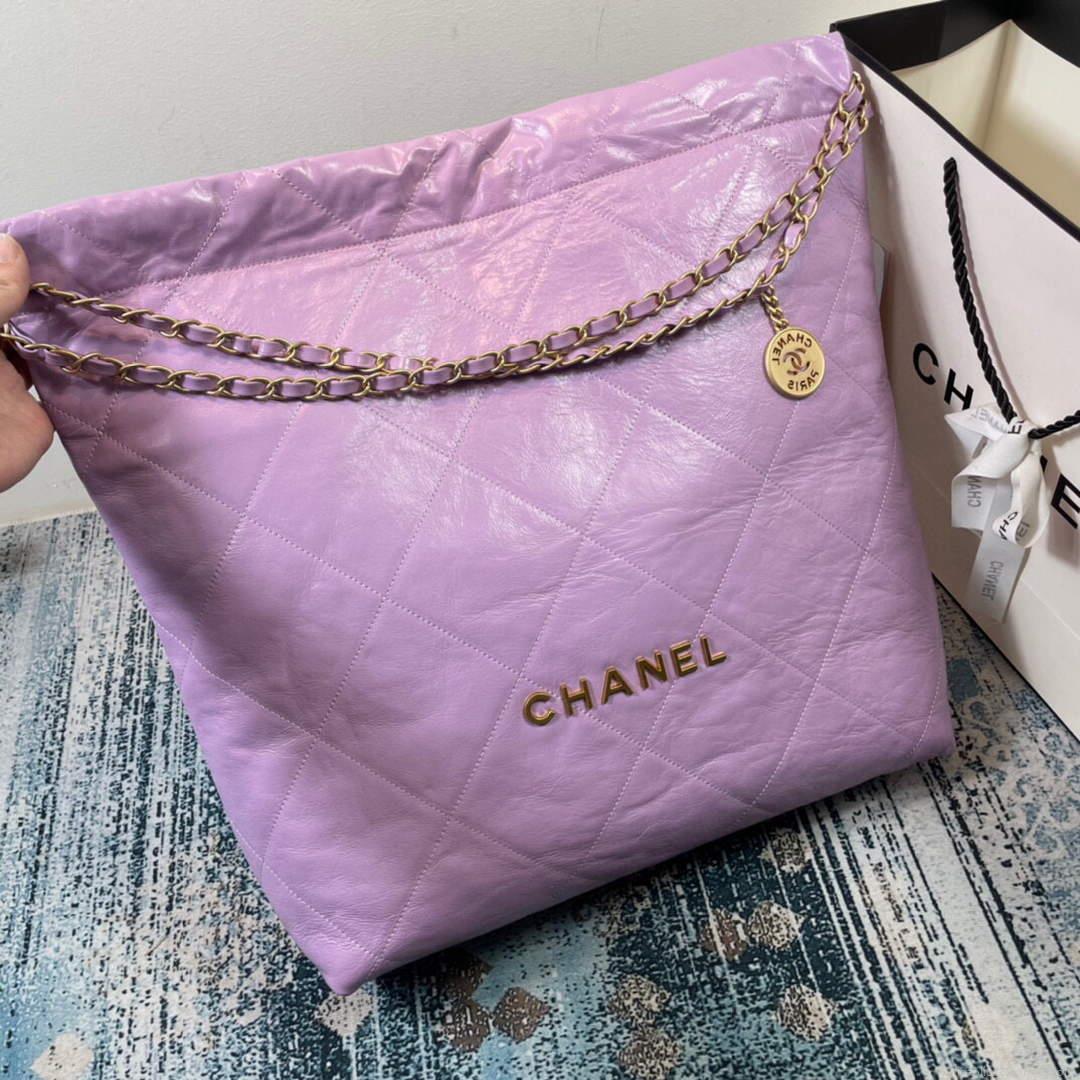 CHANEL 22 Large Handbag Shiny Calfskin Gold AS3262 Purple