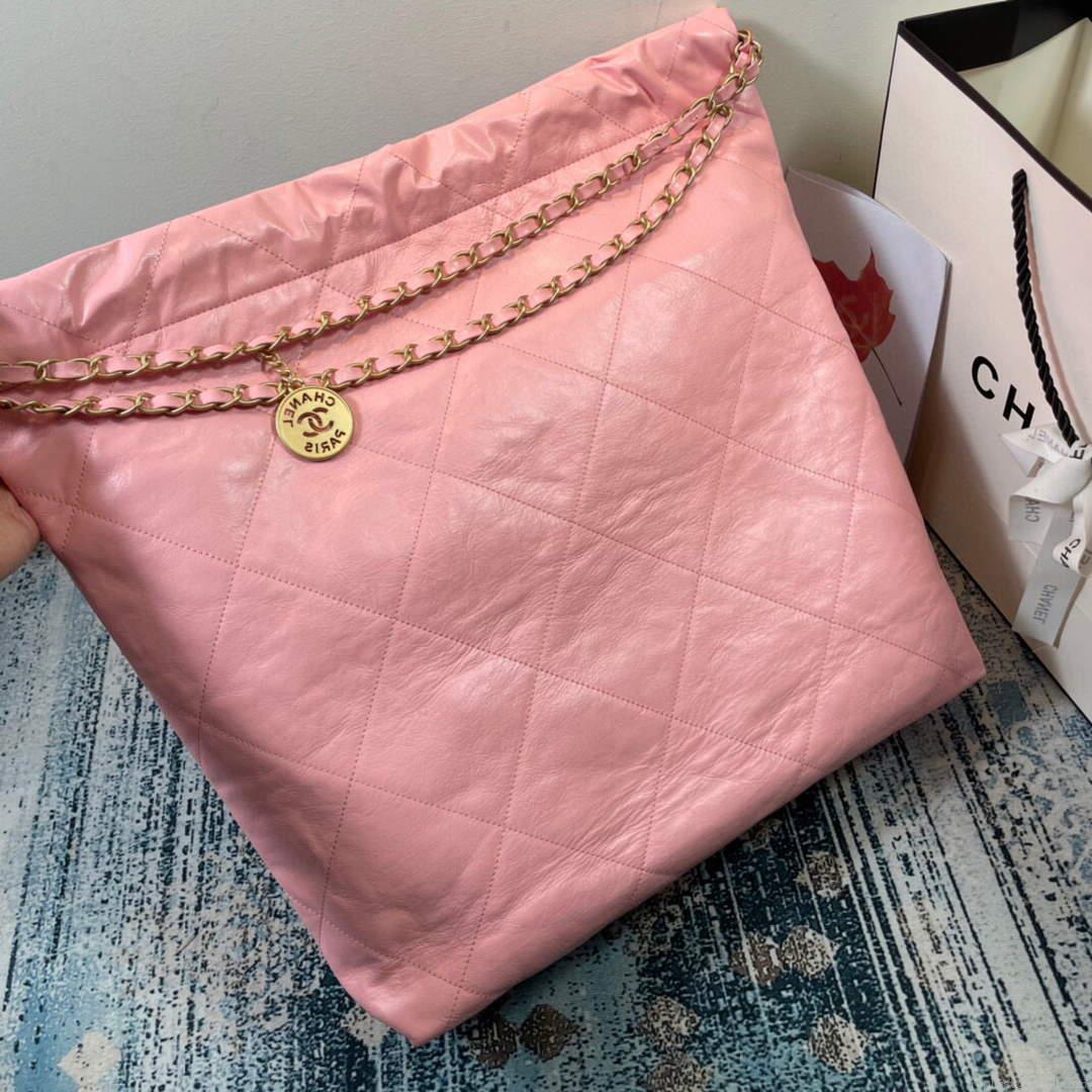 CHANEL 22 Large Handbag Shiny Calfskin Gold AS3262 Light Pink