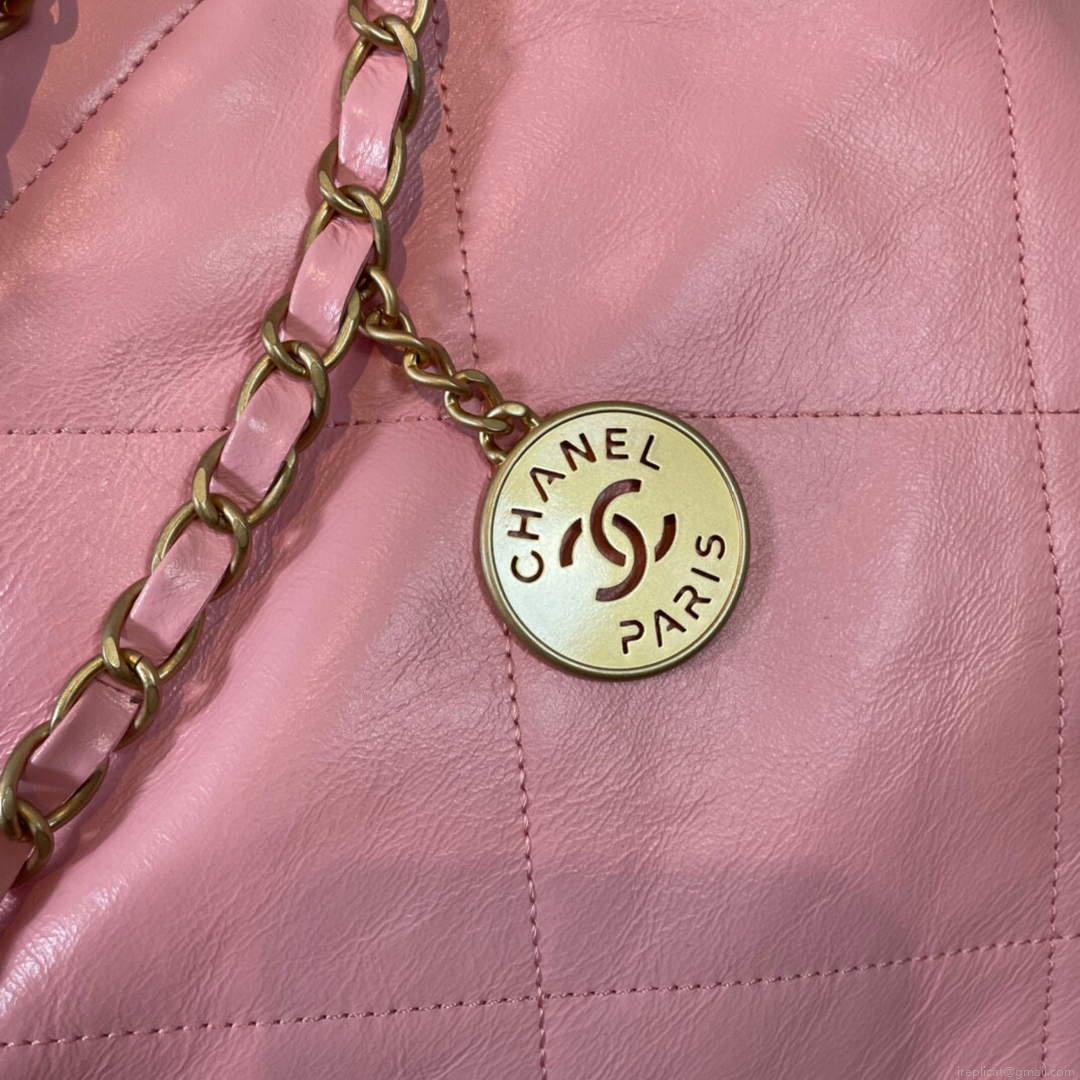 CHANEL 22 Large Handbag Shiny Calfskin Gold AS3262 Light Pink