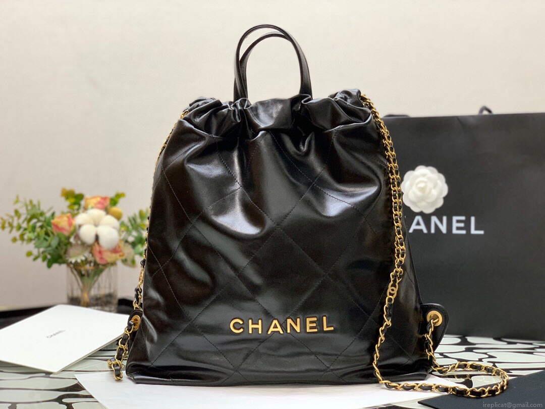 CHANEL AS3313 22 Backpack Shiny Calfskin Gold Black