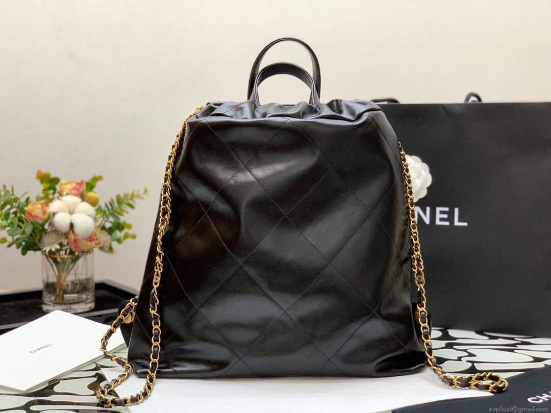 CHANEL AS3313 22 Backpack Shiny Calfskin Gold Black