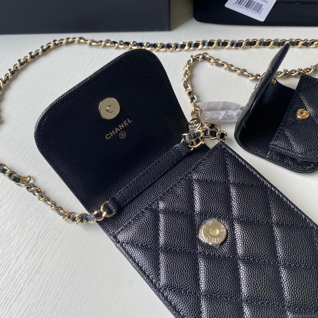 Chanel Phone Airpods Pro Case with Chain Grained Shiny AP2740 black