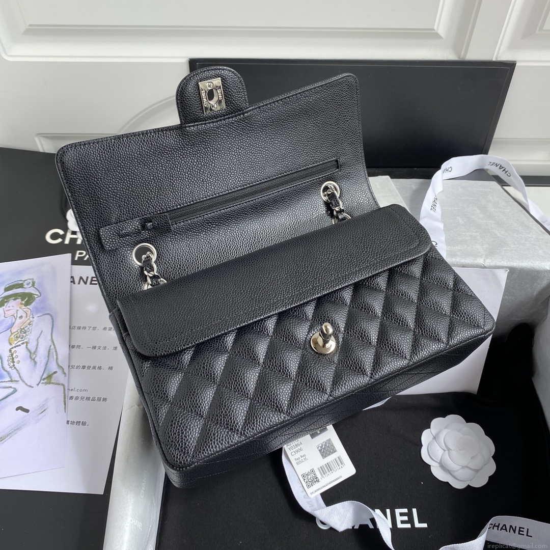 Chanel A01112 Flap Handbag Classic bag Grained shiny Calfskin Black Silver