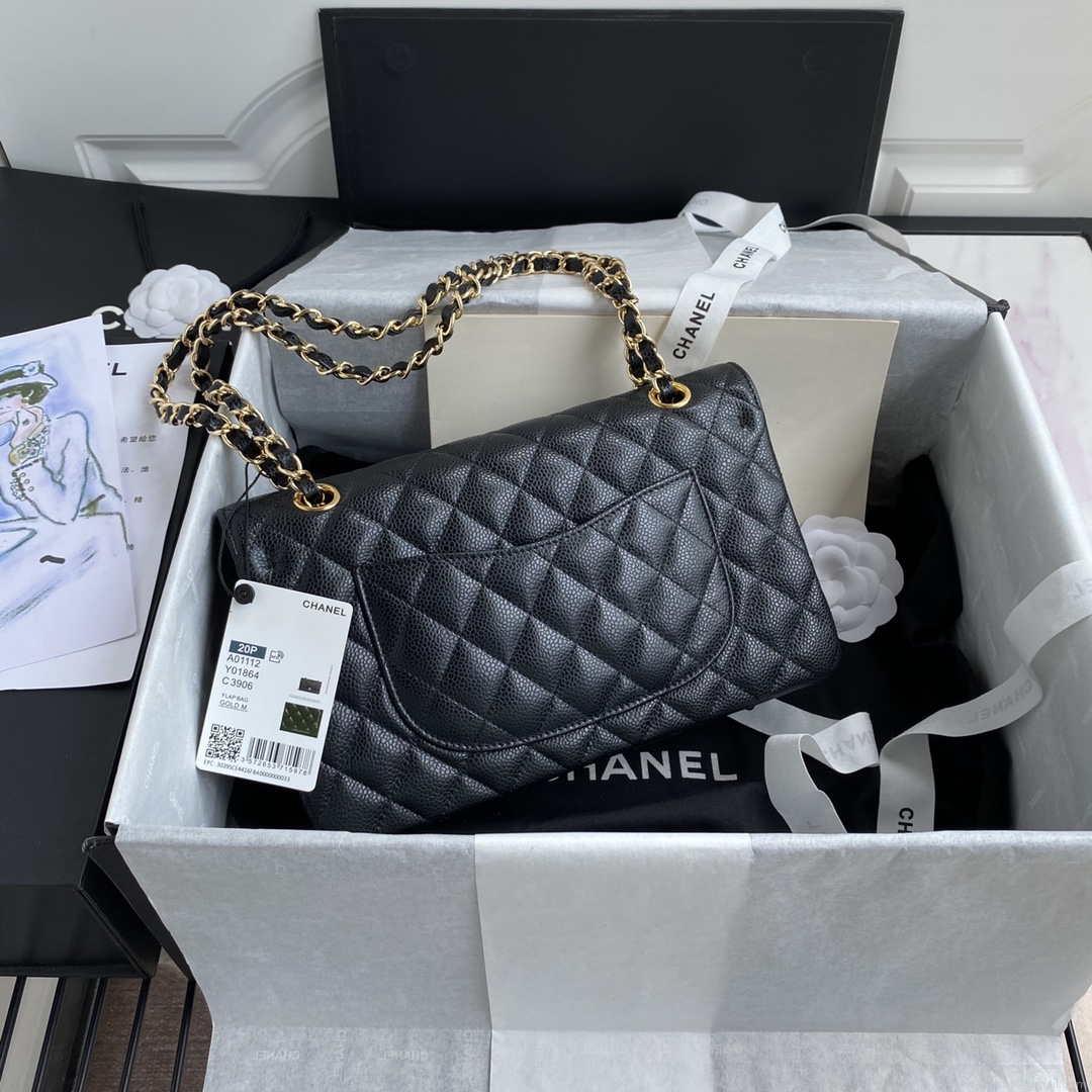 Chanel A01112 Flap Handbag Classic bag Grained shiny Calfskin Black Gold