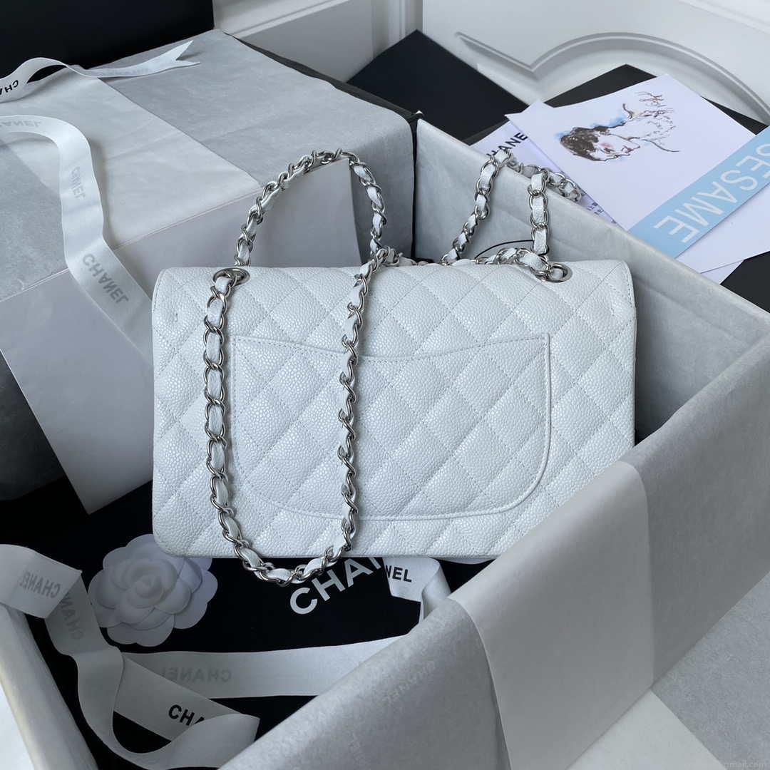 Chanel A01112 Flap Handbag Classic bag Grained shiny Calfskin White Silver