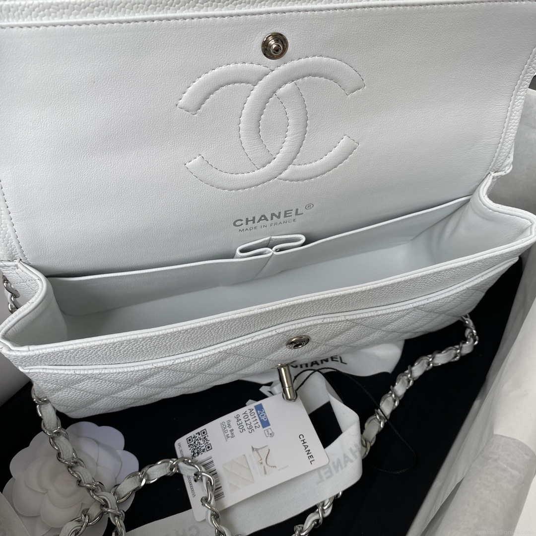 Chanel A01112 Flap Handbag Classic bag Grained shiny Calfskin White Silver
