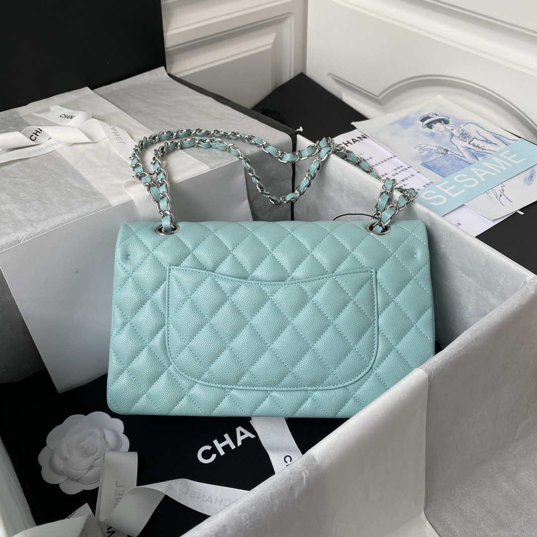 Chanel A01112 Flap Handbag Classic bag Grained shiny Calfskin Lake Blue Silver