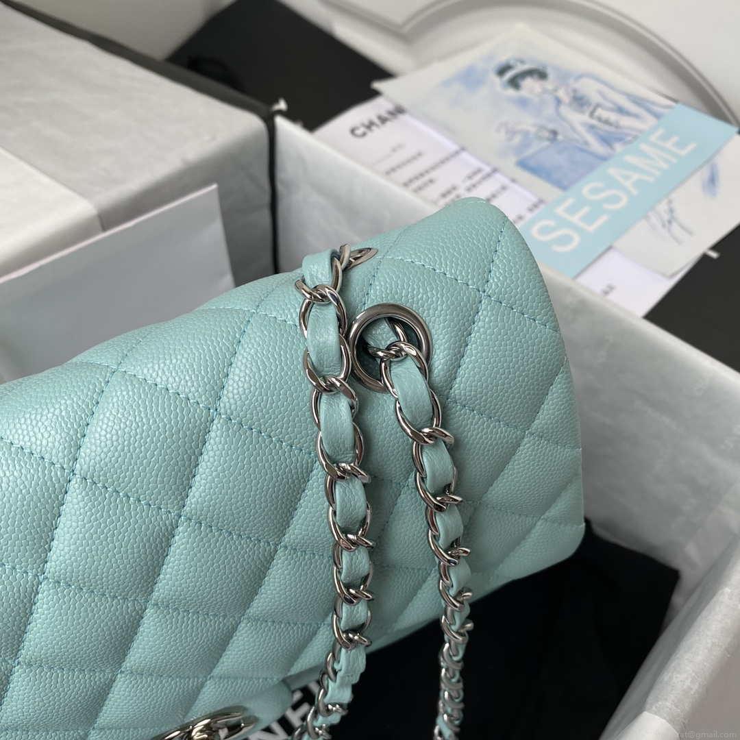 Chanel A01112 Flap Handbag Classic bag Grained shiny Calfskin Lake Blue Silver