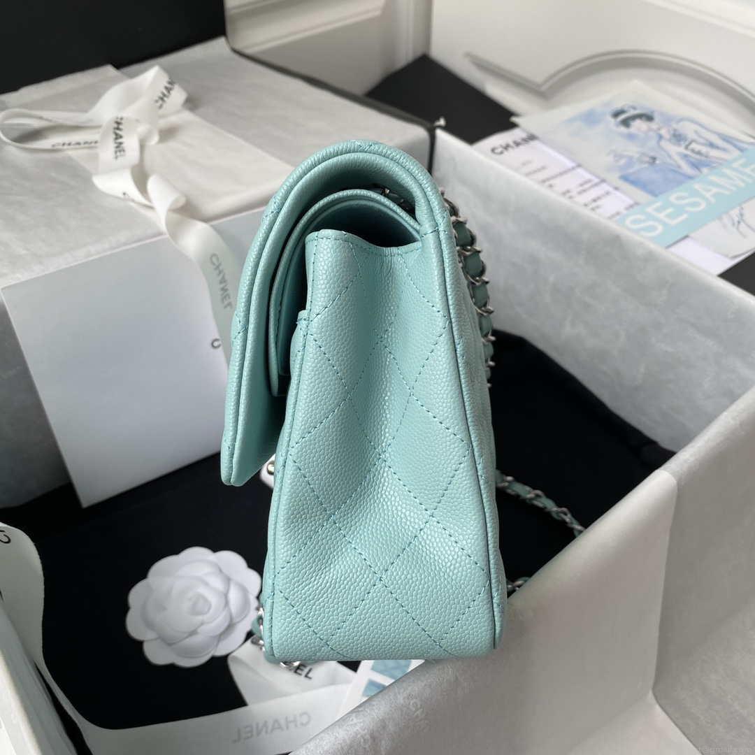Chanel A01112 Flap Handbag Classic bag Grained shiny Calfskin Lake Blue Silver