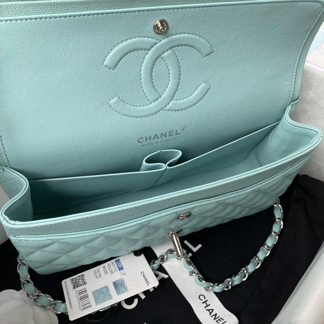 Chanel A01112 Flap Handbag Classic bag Grained shiny Calfskin Lake Blue Silver