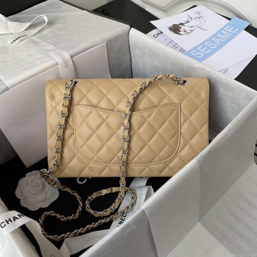 Chanel A01112 Flap Handbag Classic bag Grained shiny Calfskin Tan Silver