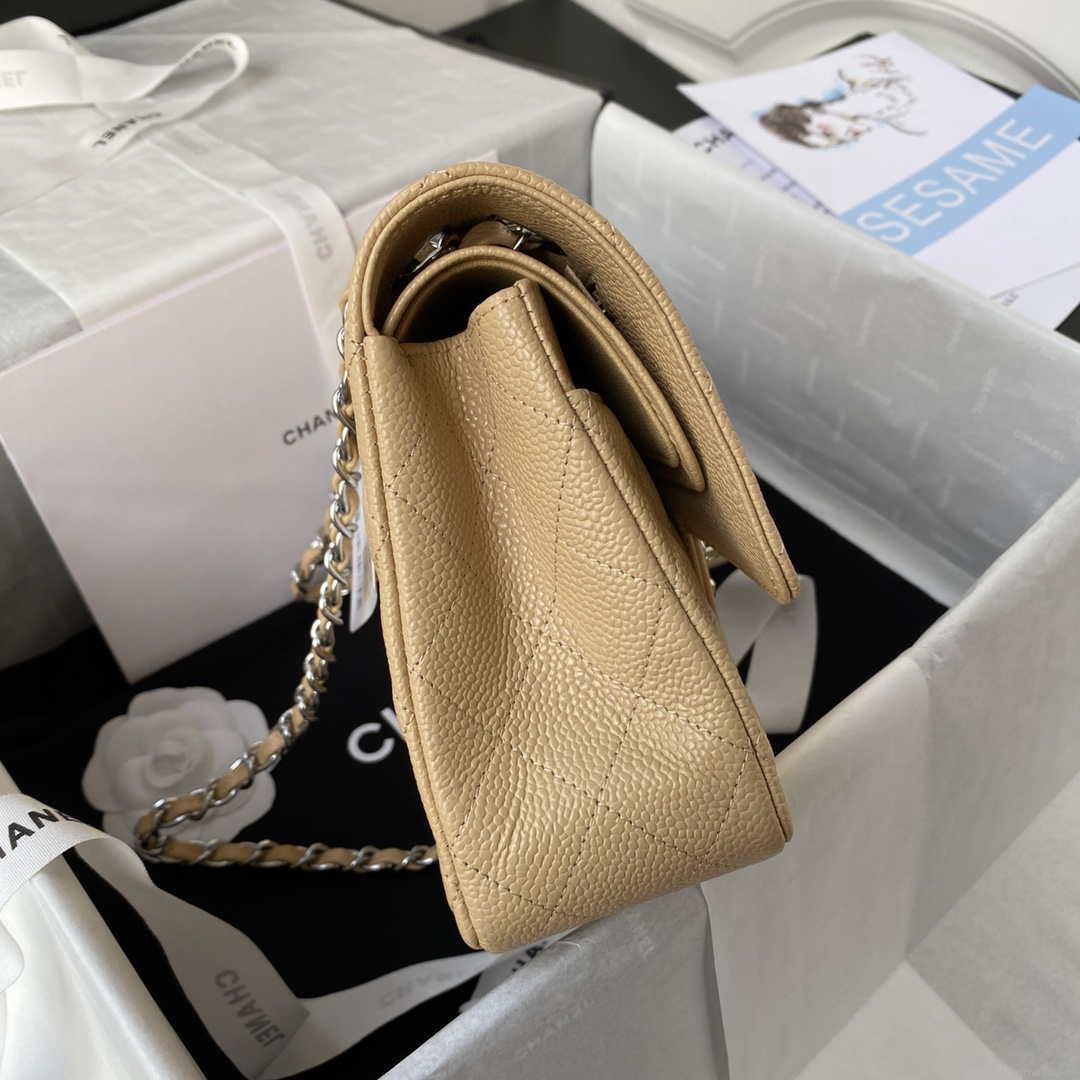 Chanel A01112 Flap Handbag Classic bag Grained shiny Calfskin Tan Silver