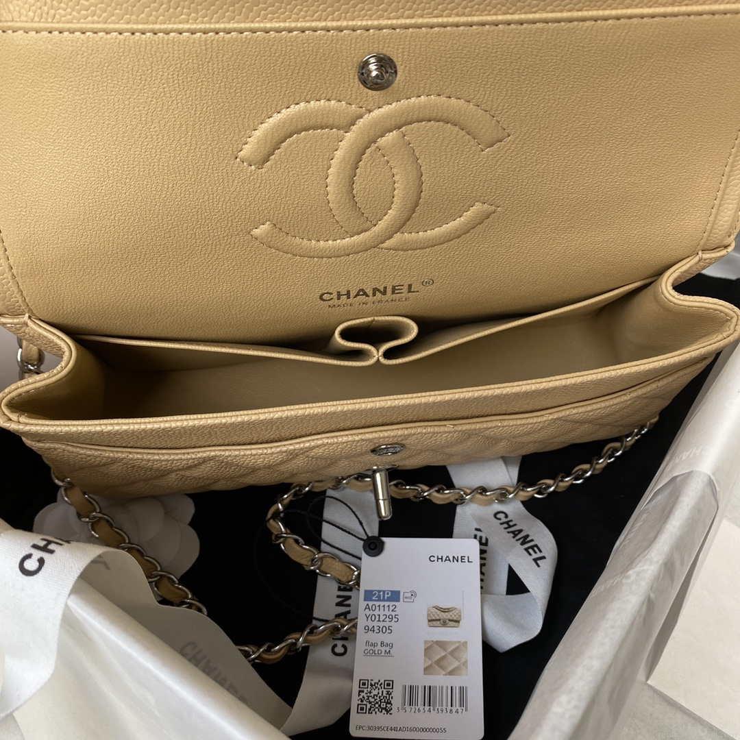 Chanel A01112 Flap Handbag Classic bag Grained shiny Calfskin Tan Silver